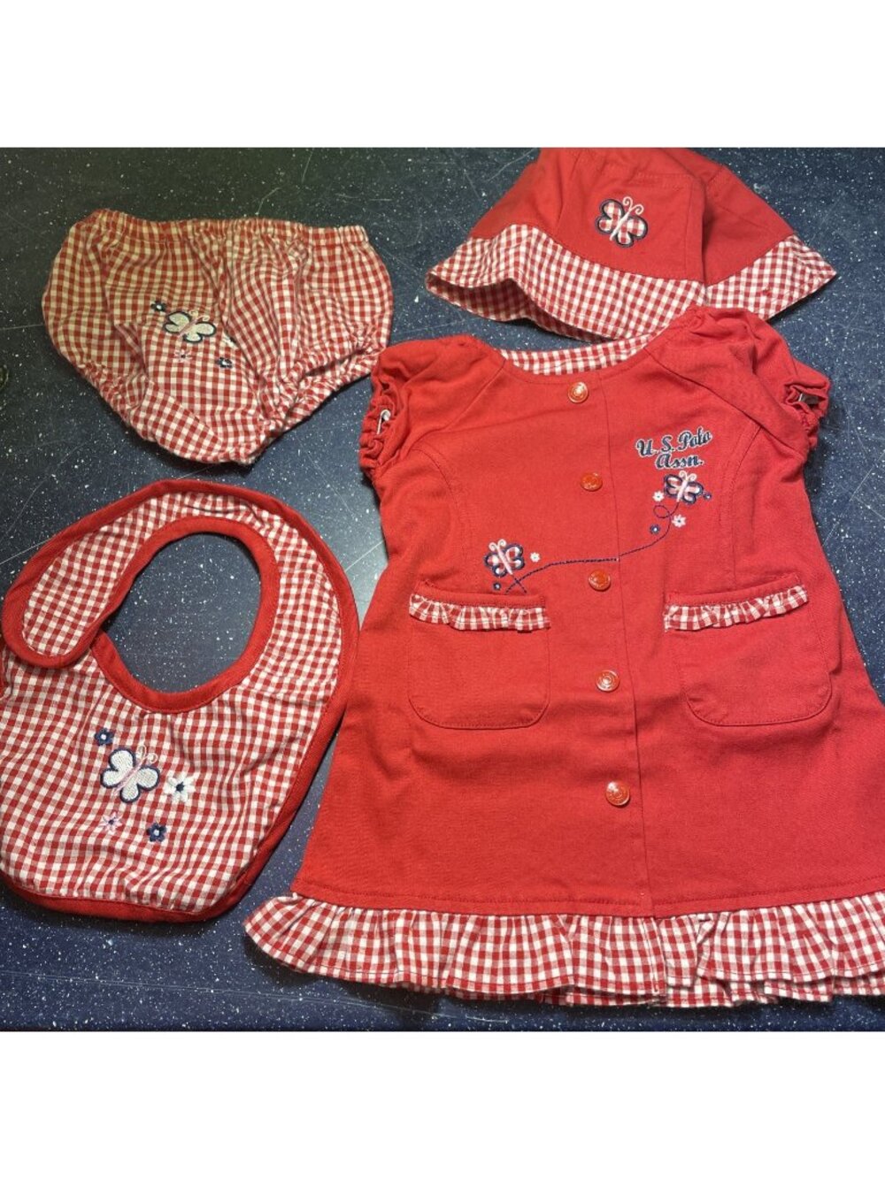 Baby Girl Summer 4 Pc Set Sunhat Shirt Bloomers Bib Red Gingham Butterfly 0-6 Mo